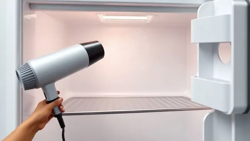 Ilustração mostrando uso de secador para eliminar dobras na borracha da geladeira, dica de especialista