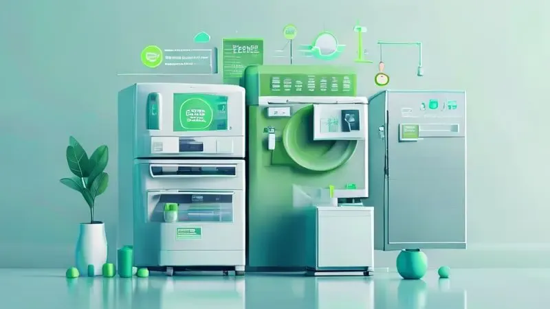 Ilustração conceitual do selo Procel A+++ e tecnologia inverter em geladeiras eficientes