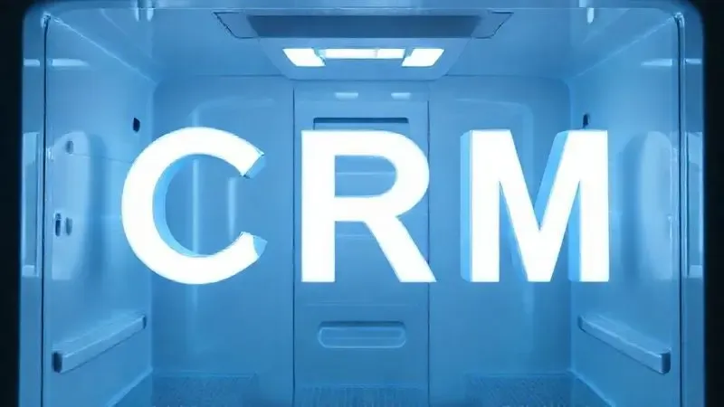 Ilustração conceitual 3D das letras CRM dentro de uma geladeira, representando a tecnologia interna e organização de espaço.