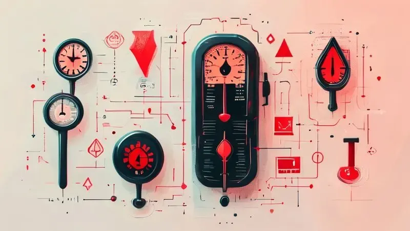Ilustração conceitual dos 5 sinais de alerta para defeito no termostato com símbolos de aviso e medições inconsistentes