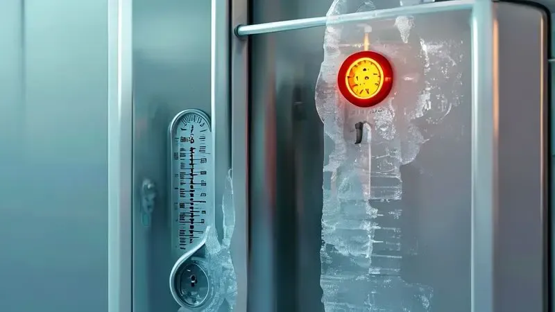 Sinais visuais de quando fazer degelo incluindo camada espessa de gelo e dificuldade em abrir porta