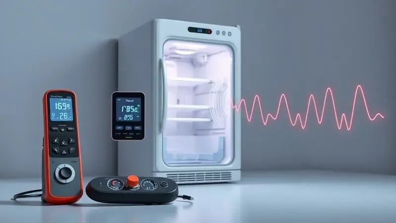 Ferramentas de diagnóstico e sinais visuais indicando problemas no motor do ventilador da geladeira