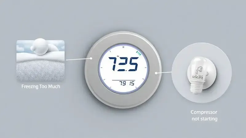 Ilustração conceitual dos sinais de problemas em termostato: geladeira congelando demais e compressor não ligando