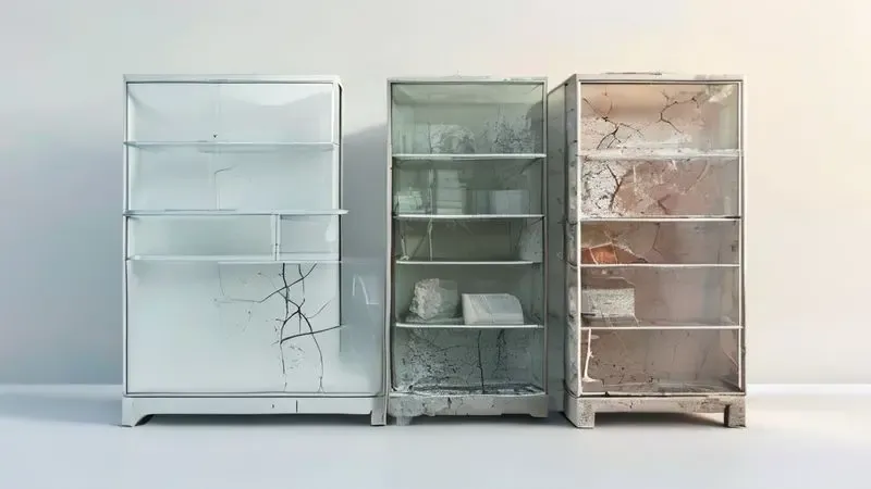 Comparação visual de prateleiras Cold Room em diferentes estados de conservação