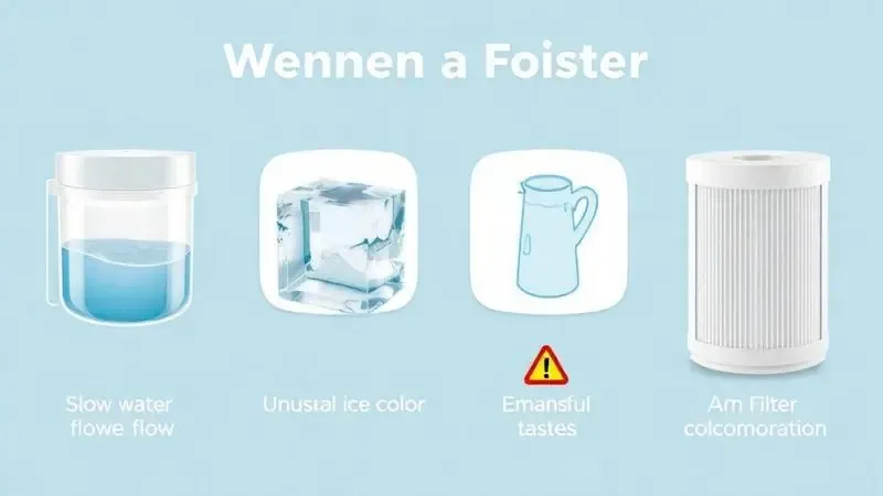 Ilustração digital conceitual mostrando quatro sinais visuais de que um filtro de água precisa ser trocado urgentemente.