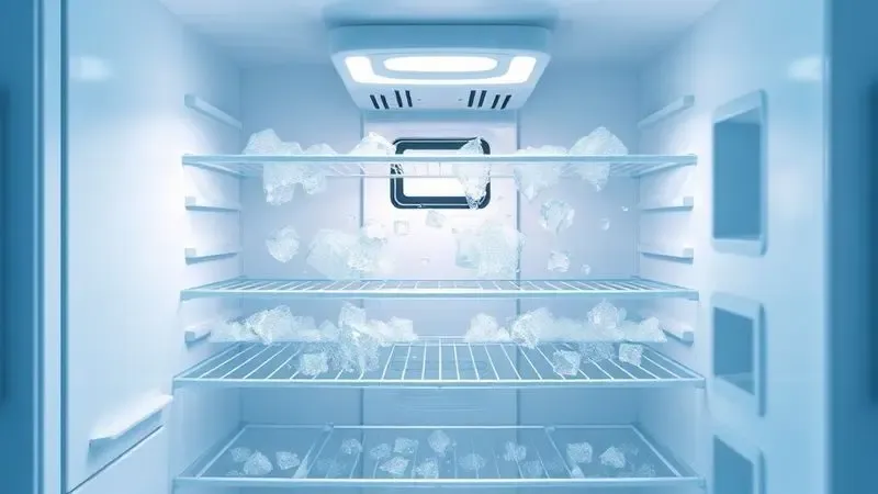 Ilustração conceitual mostrando problemas de refrigeração e formação de gelo no interior de refrigerador devido a falha térmica.