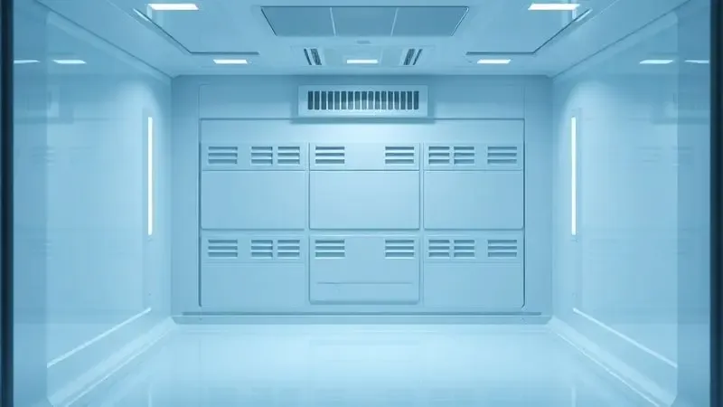 Renderização 3D mostrando o fluxo de ar frio distribuído uniformemente dentro do compartimento de uma geladeira.