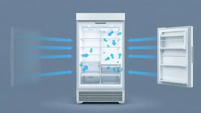 Diagrama ilustrativo do sistema de circulação de ar em geladeira com setas mostrando fluxo do ar frio