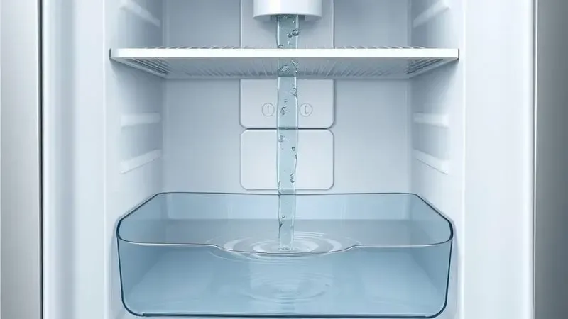 Diagrama ilustrativo mostrando o sistema de drenagem interno de uma geladeira com fluxo de água