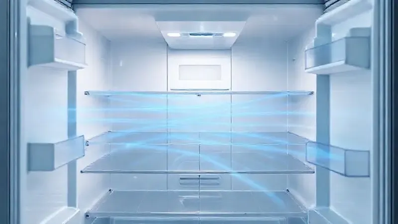 Ilustração digital do sistema de distribuição de ar frio e tecnologia Frost Free dentro do refrigerador.