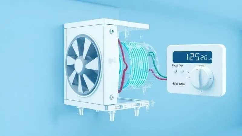 Ilustração conceitual do sistema frost free de geladeira mostrando componentes de degelo em 3D render.
