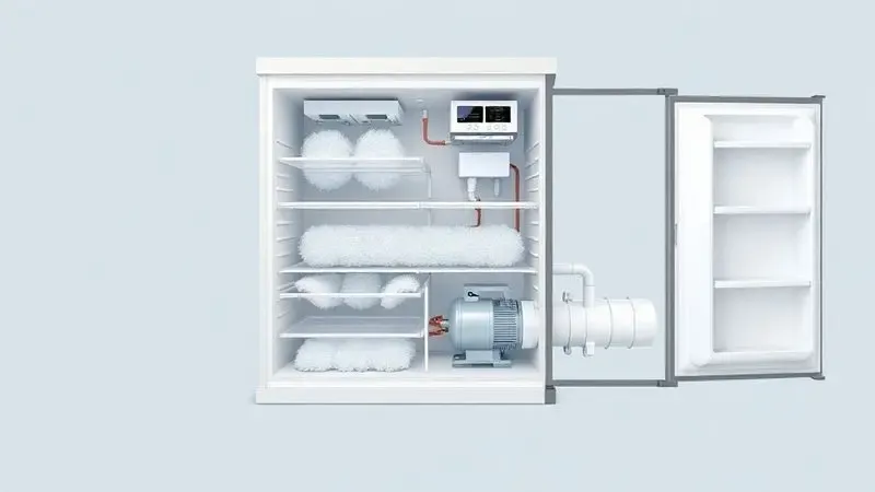 Diagrama ilustrativo do sistema de refrigeração frost free mostrando componentes internos e fluxo de ar.