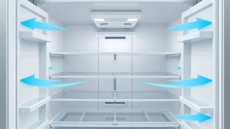 Render 3D mostrando o interior de uma geladeira com setas azuis ilustrando o sistema de circulação de ar homogênea Multi Air Flow.