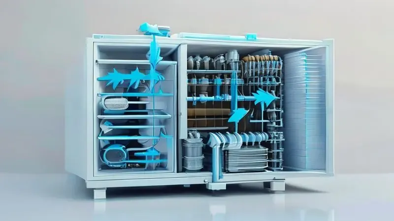 Ilustração em corte mostrando o sistema de refrigeração da geladeira com fluxo do gás e componentes do compressor