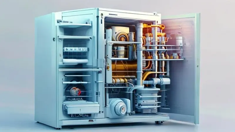 Ilustração esquemática do sistema de refrigeração de geladeira mostrando os componentes interconectados e o ponto de vazamento no congelador.
