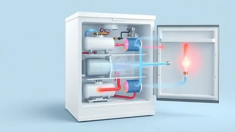 Diagrama conceitual do sistema de refrigeração da geladeira mostrando compressor e fluxo do refrigerante