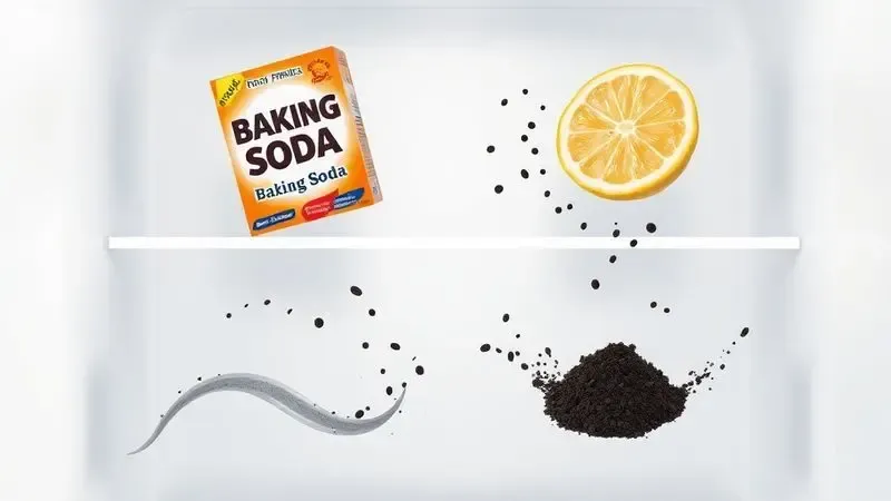 Representação conceitual das soluções caseiras para eliminar mau cheiro da geladeira como bicarbonato e limão.