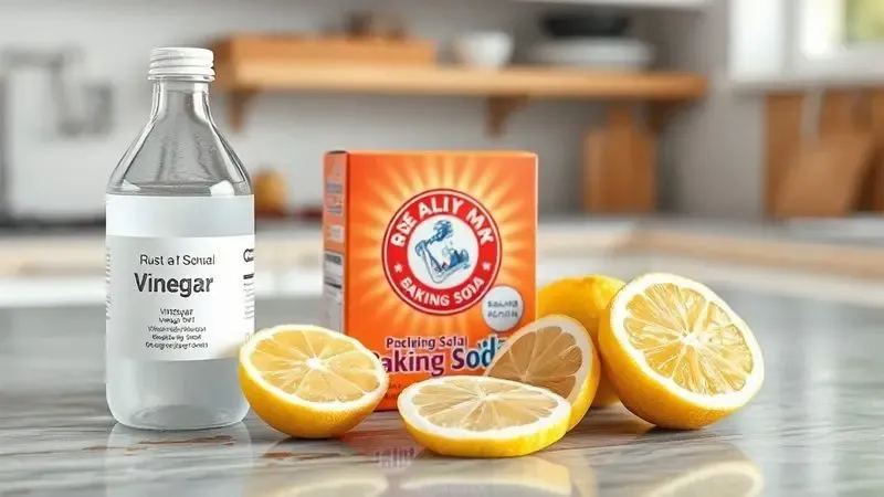 Ingredientes caseiros como vinagre, bicarbonato e limão para remover ferrugem de geladeira.
