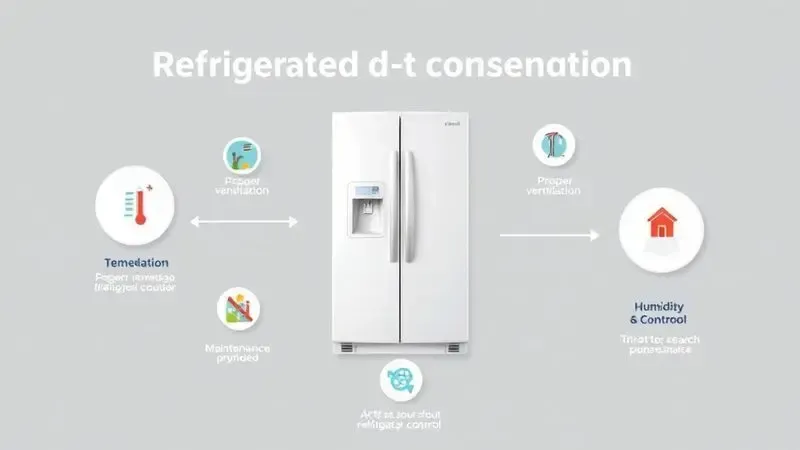Diagrama infográfico 3D com soluções para condensação em geladeira e controle de umidade