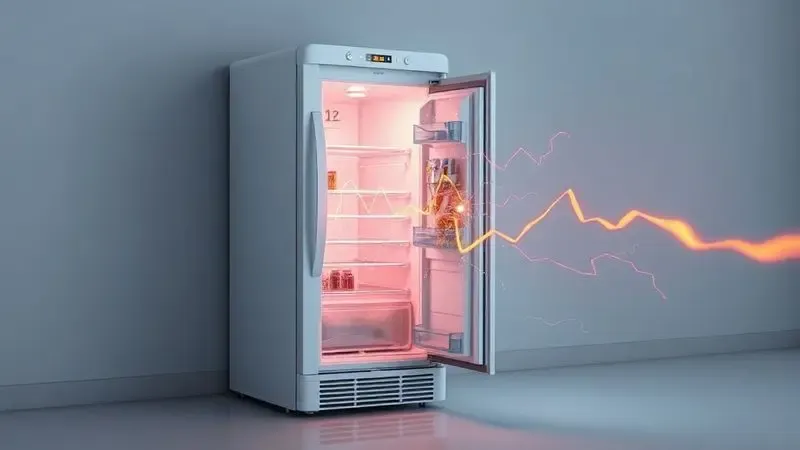 Ilustração conceitual de surtos elétricos danificando uma geladeira.