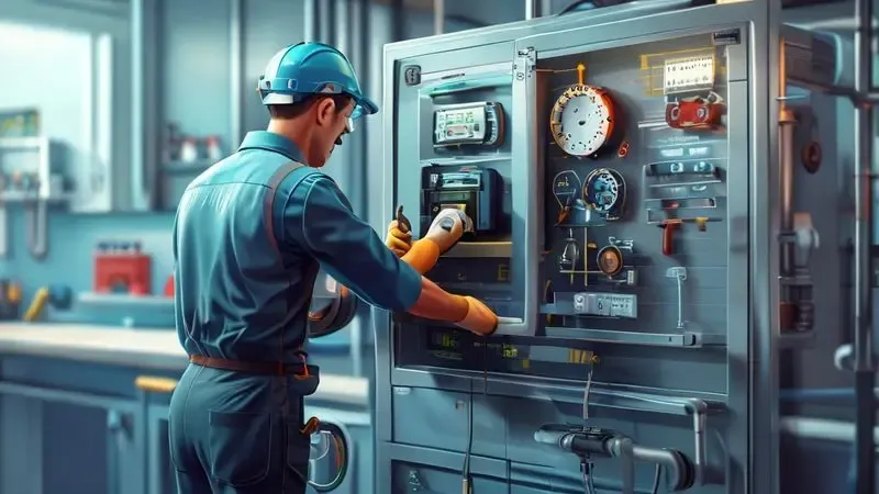 Ilustração conceitual de técnico especializado analisando problemas complexos em geladeira