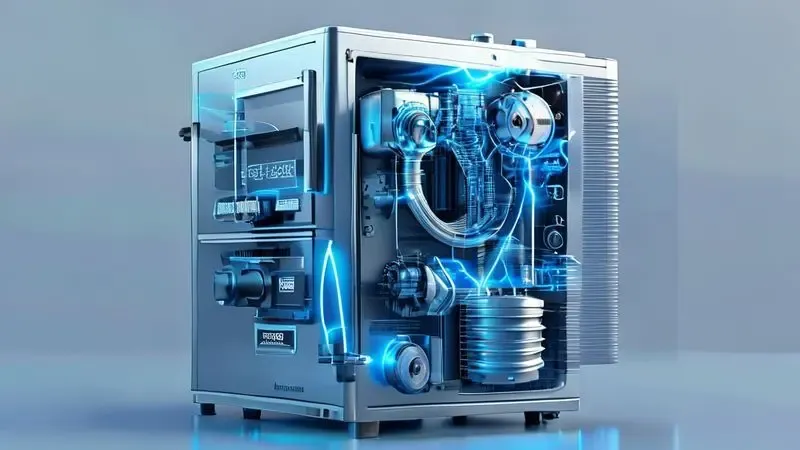 Ilustração conceitual da tecnologia Digital Inverter em geladeiras mostrando componentes internos e fluxo de energia