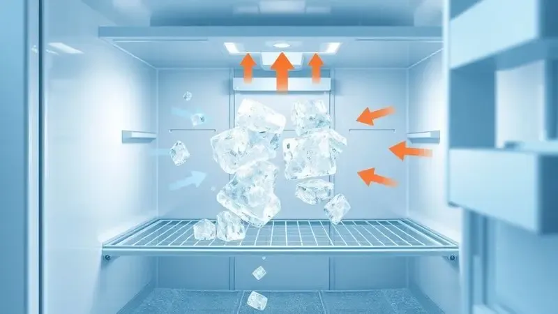Ilustração conceitual da tecnologia frost free com visualização em corte mostrando sistema de degelo automático e circulação de ar.
