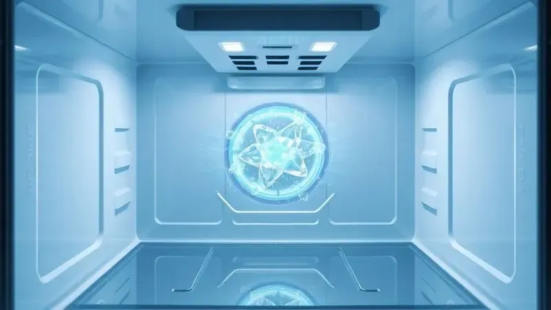Representação conceitual da tecnologia Frost Free, ilustrando a circulação de ar frio e a ausência de gelo no interior.