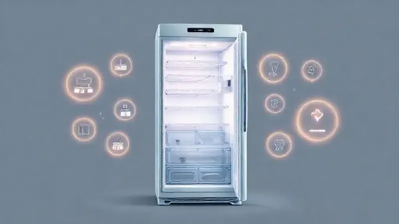 Ilustração conceitual mostrando as tecnologias de uma geladeira frost free que otimizam tempo e economizam energia.