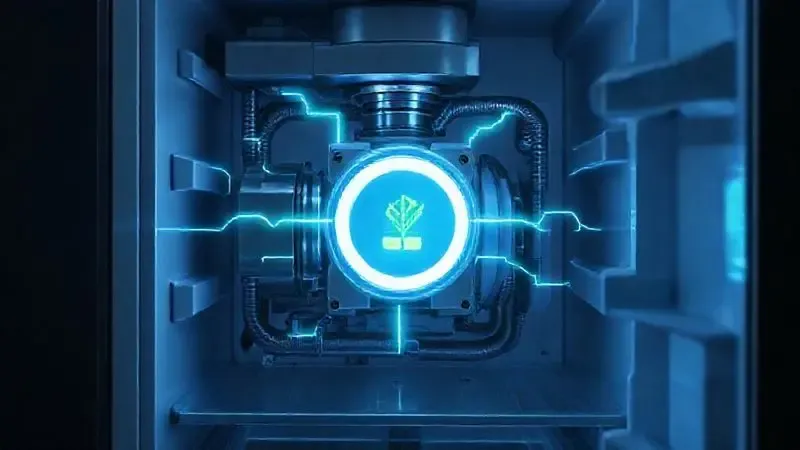 Ilustração conceitual da tecnologia Inverter em compressores, simbolizando economia de energia e eficiência.