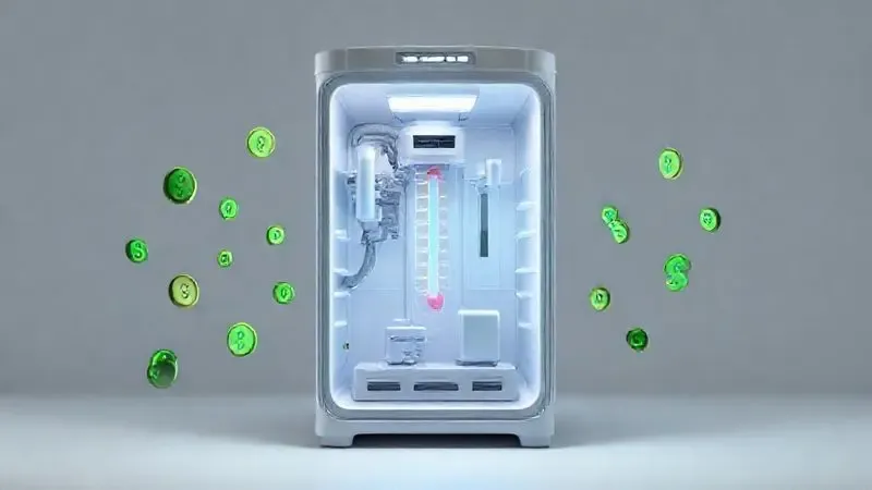 Render 3D mostrando um compressor inverter controlando o resfriamento e otimizando a economia de energia, representado por moedas flutuantes.