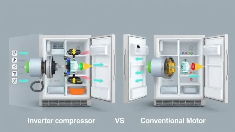 Comparação ilustrativa entre tecnologia Inverter e motores convencionais em compressores de geladeiras