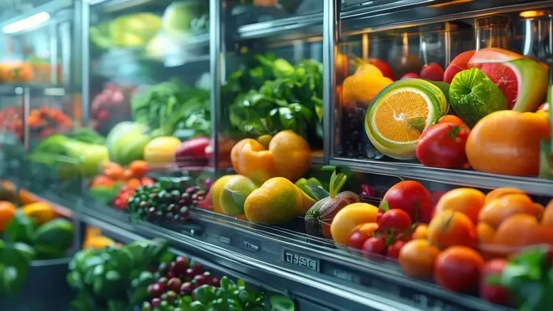 Ilustração digital conceitual da tecnologia de preservação de alimentos frescos com controle de umidade.