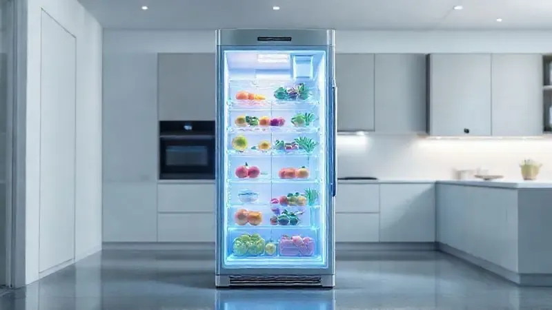 Ilustração da tecnologia de refrigeração avançada, mostrando como o sistema mantém os alimentos frescos e preservados por mais tempo.