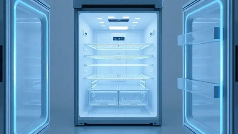 Render 3D do interior de uma geladeira futurista, mostrando o fluxo de ar e as zonas de resfriamento avançado.