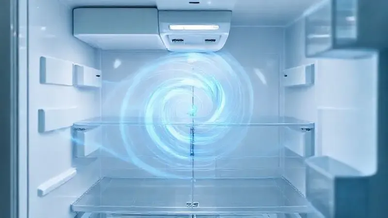 Renderização 3D da tecnologia Frost Free, mostrando a circulação de ar frio dentro de um refrigerador.