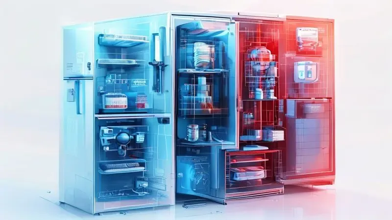Ilustração digital conceitual mostrando tecnologia de fluxo de ar e sistemas de refrigeração em geladeira moderna