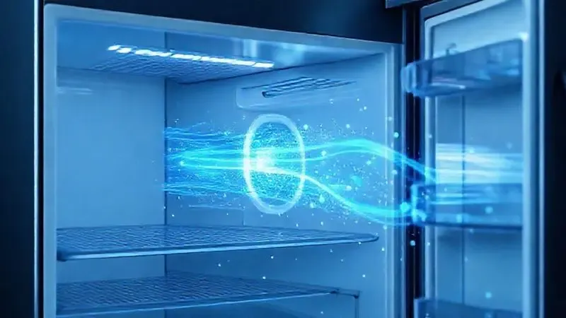 Renderização artística de uma onda de energia azul simbolizando refrigeração turbo e purificação de ar em um sistema de geladeira.