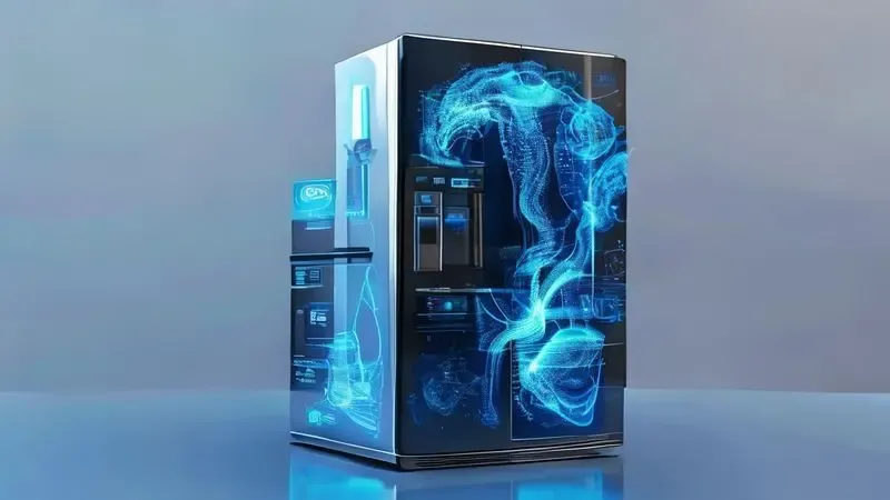 Representação artística das tecnologias avançadas de refrigeração e controle em geladeiras premium.