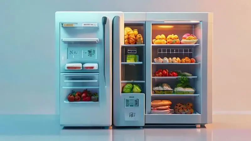 Ilustração conceitual mostrando as temperaturas ideais para geladeira (4°C) e freezer (-18°C) para conservação de alimentos