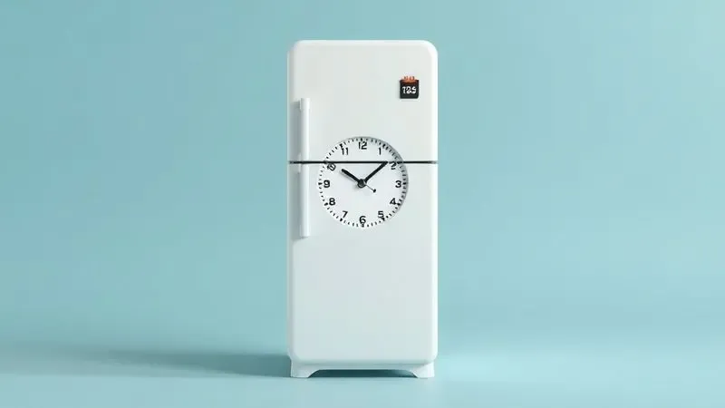 Ilustração conceitual de uma geladeira com um relógio, representando a análise do tempo de vida e durabilidade de um refrigerador Brastemp.