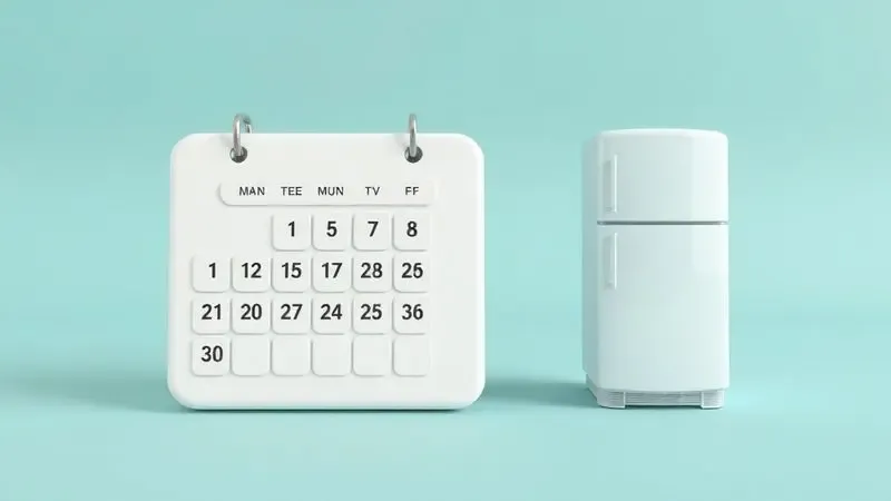 Ilustração conceitual de calendário com marcações de tempo ao lado de símbolo de geladeira, representando prazos seguros para desligar.