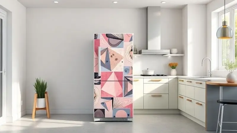 Conceito de cozinha moderna com geladeira envelopada em cores e padrões da moda para 2026.