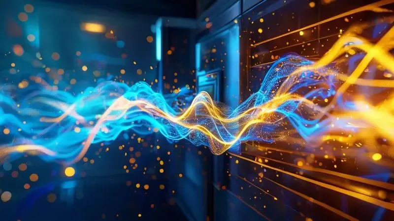 Ilustração conceitual do fluxo de energia elétrica através de fios para uma geladeira.