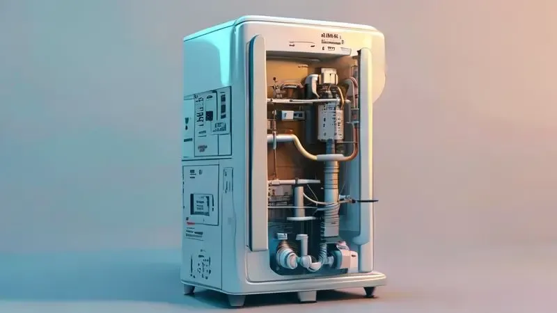 Visão conceitual em corte de termostato de geladeira mostrando componentes internos e conexões