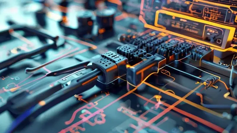 Ilustração conceitual de teste técnico em compressor com multímetro mostrando fluxo elétrico abstrato