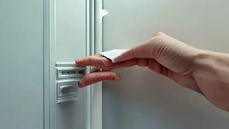 Ilustração do teste do papel para verificar a vedação da geladeira, mostrando folha sendo puxada com resistência