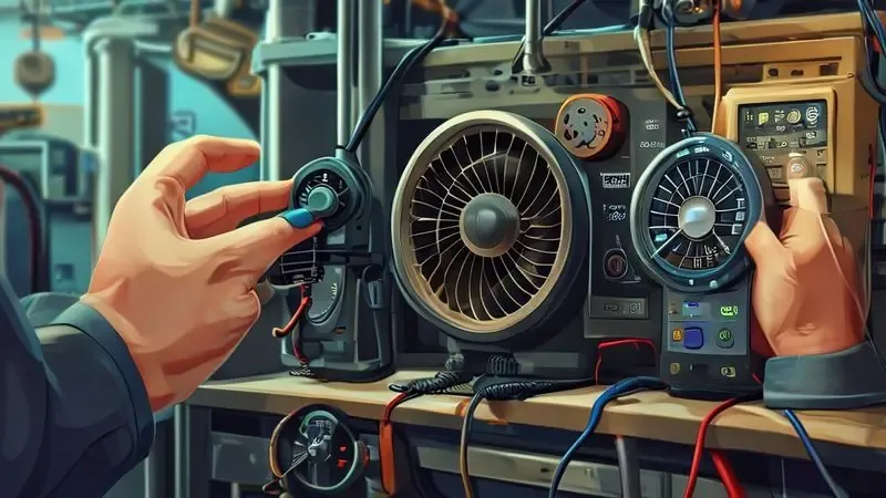 Ilustração conceitual dos procedimentos de teste do ventilador da geladeira: inspeção visual, teste manual e verificação elétrica com multímetro