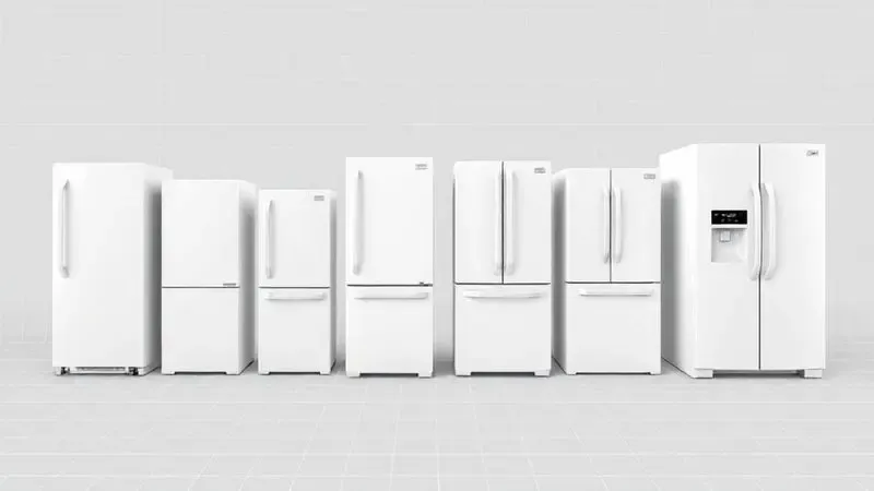 Ilustração 3D mostrando os diferentes tipos de geladeira, como French Door, Inverse e Duplex, em um layout conceitual e minimalista.