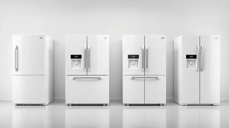 Ilustração artística mostrando os diferentes tipos de geladeiras, como uma porta, duplex e side by side, em um ambiente conceitual.